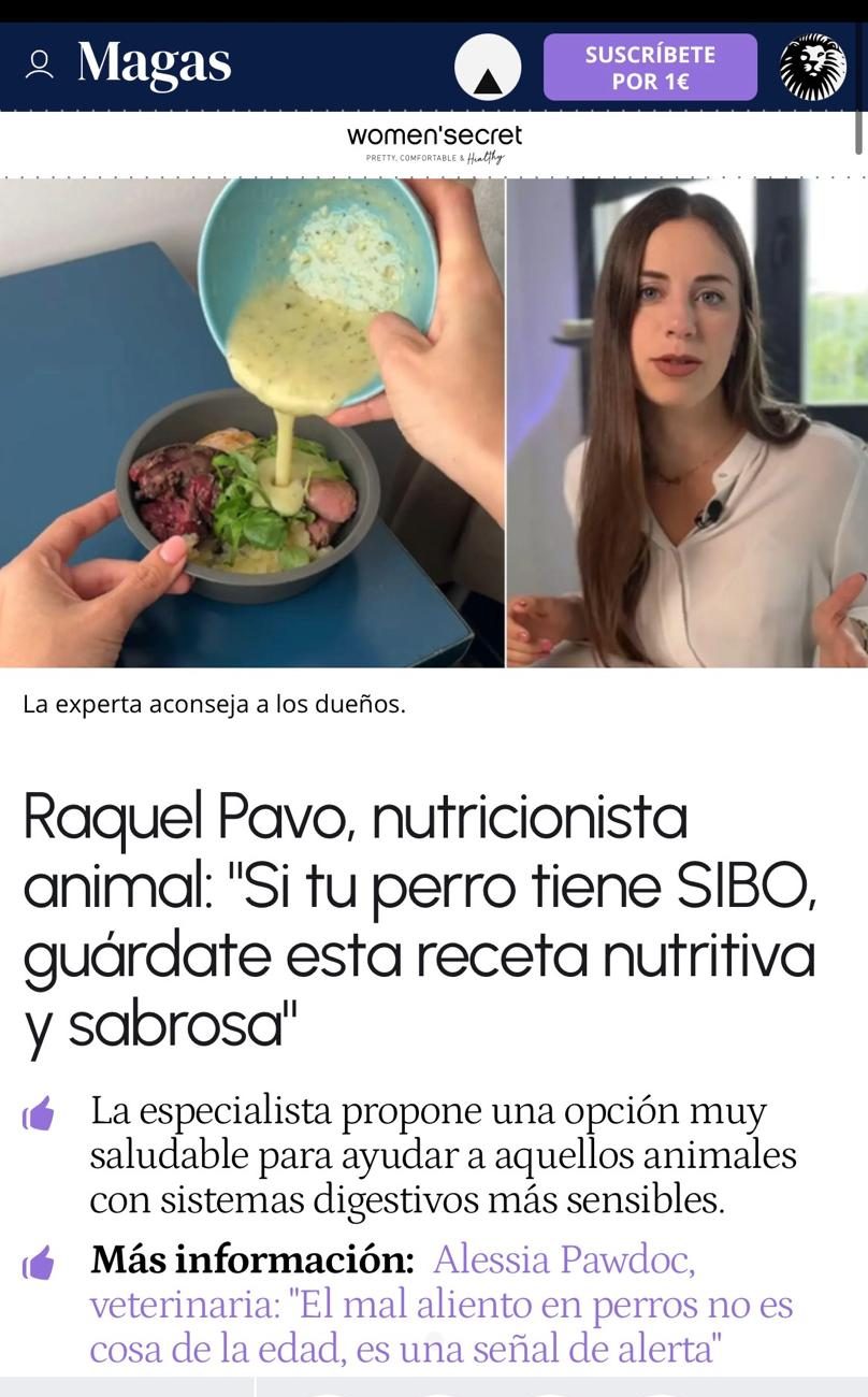 Publicación con Raquel Pavo como veterinaria especializada en nutrición
